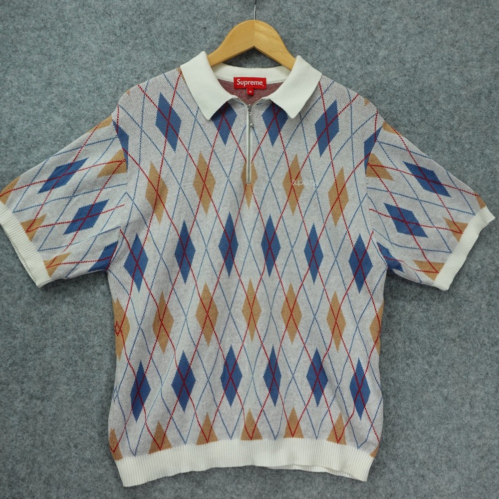 Supreme Argyle Polo Sweater Mens M Gray Cotton Knit FW21 Streetwear Quarter Zip